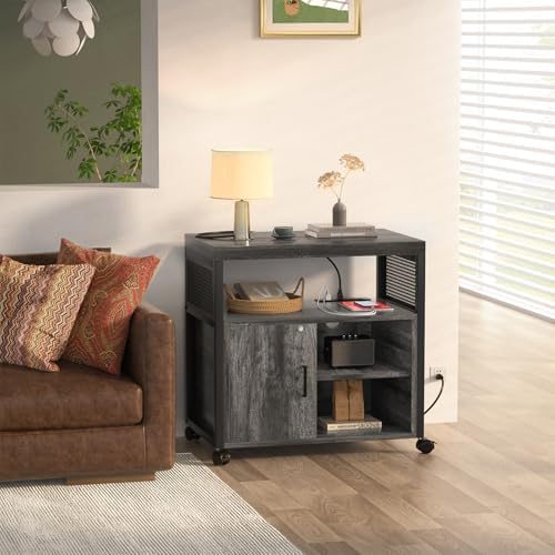Unikito Rolling File Cabinet Lateral Office Filing Cabinets with Socket and USB Charging Port, Modern Printer Stand on Wheels Printer Cabinet with Door and Open Storage, Lockable, Black Oak - Image 6