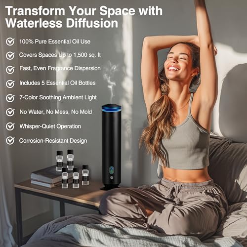 Waterless Scent Diffuser Starter Kit - 1500 Sq Ft Coverage, Scent Diffuser for Home, Hotel, Studio, Essential Oil Diffuser Large Room, 7 Mood Lights Setting, 5 Essential Oils Included, Black, 11.50In - Image 2