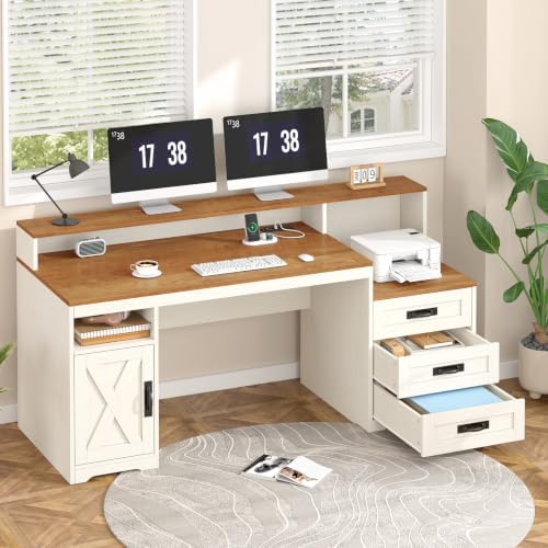 65" Farmhouse Computer Desk with Drawers and Printer Stand for Home Office - Image 3