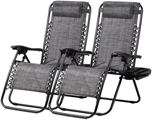 Nazhura Set of 2 Relaxing Recliners Patio Chairs Adjustable Steel Mesh Zero Gravity Lounge Chair Beach Chairs with Pillow and Cup Holder(Grey) by NazhuraGoodCompanionAtHome