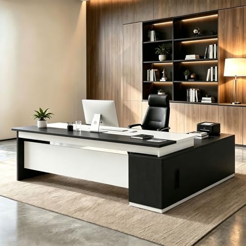 L Shaped Executive Desk with Drawers, Large Wood Workstation, Modern Executive Office Furniture for Home Office and Business Workspace, Multiple Sizes & Colors by Unknown