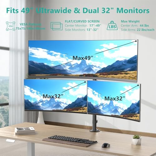 WALI Triple Monitor Mount for up to 49 inch Ultrawides on Top Bracket and 32 inch Screens on Side Brackets, Extra Tall 3 Monitors Desk Mount, Heavy Duty Monitor Arm up to 44 lbs (M003-P), Black - Image 2