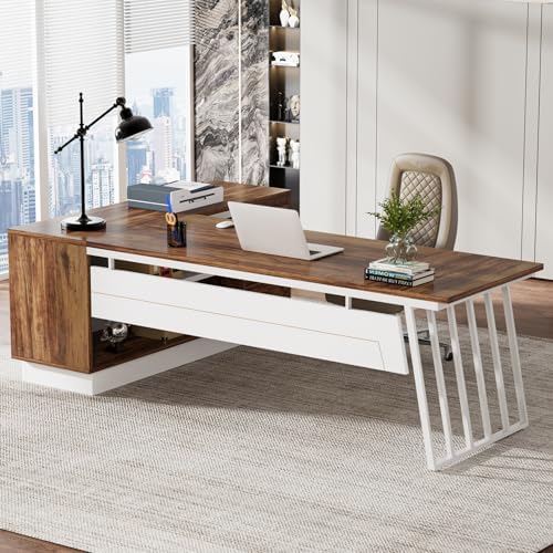 Tribesigns 71-Inch Executive Desk, L-Shaped Desk with Cabinet, Large Office Desk with Drawers and Storage Shelves, Writing Table Computer Desk for Home Office, Brown and White by Tribesigns