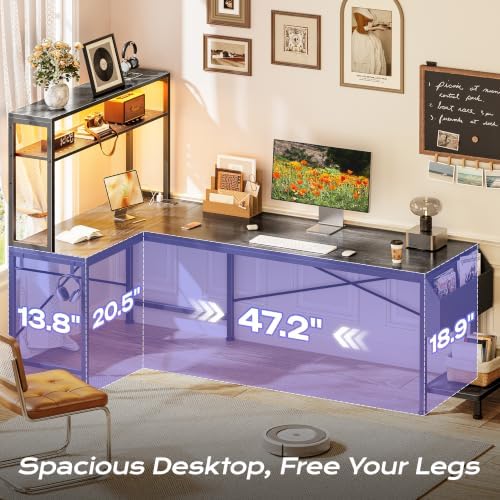 PRAISUN L Shaped Gaming Desk with LED Lights & Power Outlets - Image 5