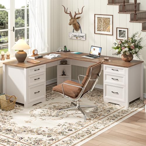 Vabches Wood L Shaped Executive Desk with 6 Drawers, Farmhouse Home Office Desk with Power Outlets and Triangle Under-Desk Storage Shelf & Drawer File Cabinet, Corner Computer Desk, Brown by Vabches