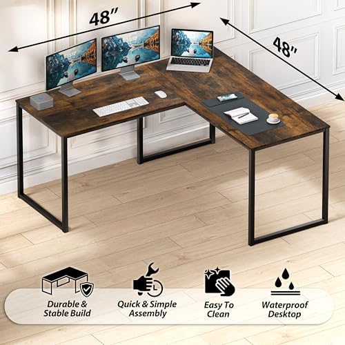 SHW Mission 48 x 48 L-Shape Home Office Computer Desk, Rustic Brown - Image 5