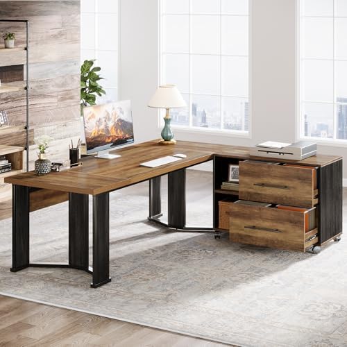 Tribesigns 70.86" Executive Desk with Mobile File Cabinet, Large L Shaped Computer Office Desk with 2 Drawers and Storage Shelves, Business Furniture Desk Workstation for Home Office (Rustic Brown) - Image 4
