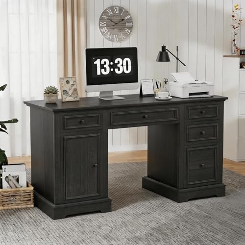 Vipbear 60" Farmhouse Executive Desk with Drawers and Cabinet, Embossed Texture Wood Home Office Desk, Rustic Computer Writing Desk, Workspace for Work Study Writing, Black by VipbearLiving