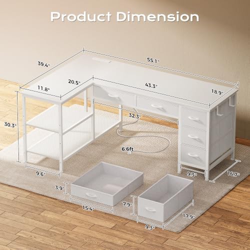 PRAISUN 55 Inch L Shaped Desk with Power Outlets, 5 Fabric Drawers - Image 3