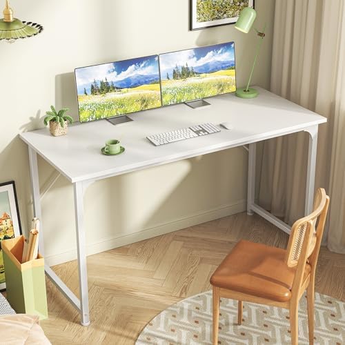 Huuger Computer Desk, 48 Inch Office Desk, Gaming Desk with Storage, Writing Desk Work Desk for Home Office, Study, Modern Simple Desk, Large Legroom, Metal Frame, White - Image 2