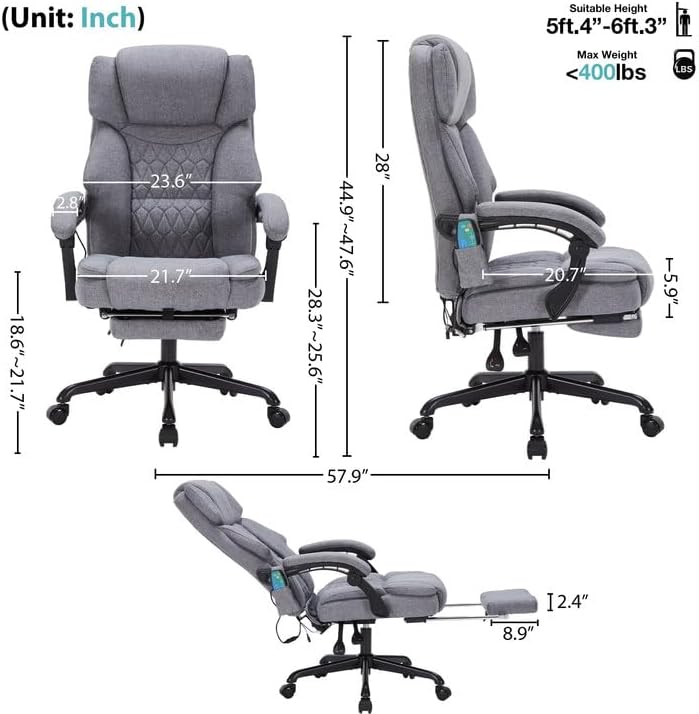 Massage Office Chair with Foot Rest 6 Points Vibration and Heat Home Office Desk Chairs for Heavy People 400lbs Reclining Managerial Chairs Ergonomic Executive Chair (Grey) - Image 2