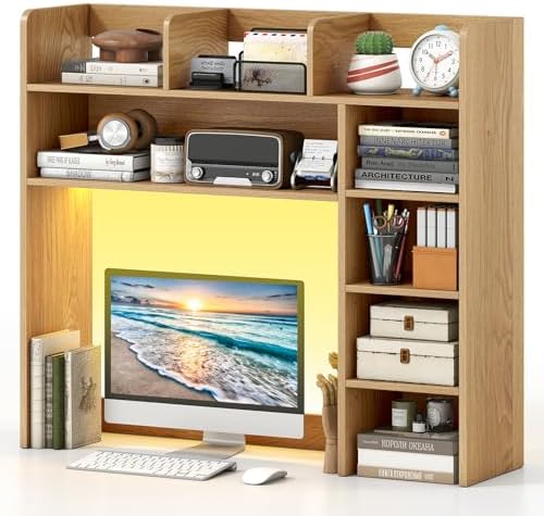 GIANTEX Desktop Bookshelf with LED Lights, 35.5" Desk Hutch Dorm for Up to 25 Inch Computer Monitors with Adjustable Storage Shelves, Wood Desk Organizer Shelves for Home Office (Natural) by Giantex