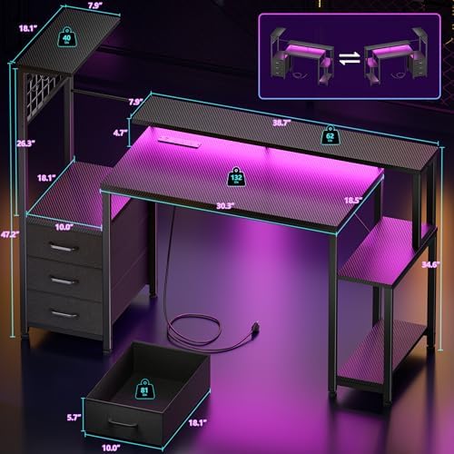 Korfile 48" Gaming Desk with Power Outlet, LED, Carbon Fiber Black Finish - Image 3