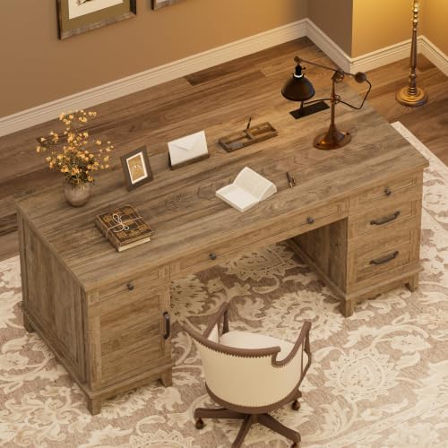 60" Farmhouse Executive Desk with File Drawers, Rustic Gray - Image 4