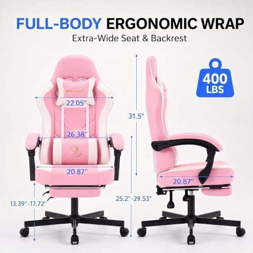 Desk Computer Gaming Chair - High Back Ergonomic Office Chair with Footrest and Lumbar Support, Swivel Comfy Home Gamer Video Game Chairs with Pocket Spring Cushion for Adults (Pink Leather) - Image 3