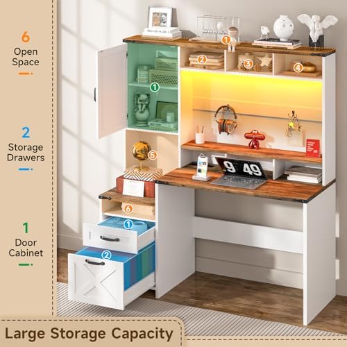 Vabches 51" Executive Desk Farmhouse Home Office Desk with Charging Station, LED Light, File Drawer, Storage Cabinet, Monitor Stand, Wood Computer Desk with Hutch for Work Study Writing (White) - Image 5