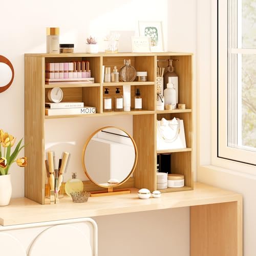 LDAILY Desktop Bookshelf, 37’’ Wood Desk Shelf with 7 Cubes & 3 Adjustable Shelves, 3-Tier Desk Display Rack, Desk Hutch for Dorm College Office Computer Monitor Up to 27’’ (Burlywood, 7 Shelves) - Image 3