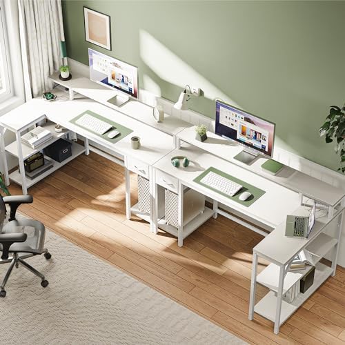 SUPERJARE 53 inch Reversible L Shaped Desk with LED Lights & Power Outlets, Computer Desk with Shelves & Monitor Stand, Gaming Desk with Drawer, Home Office Desk Corner Desk, PU White Drawer - Image 7