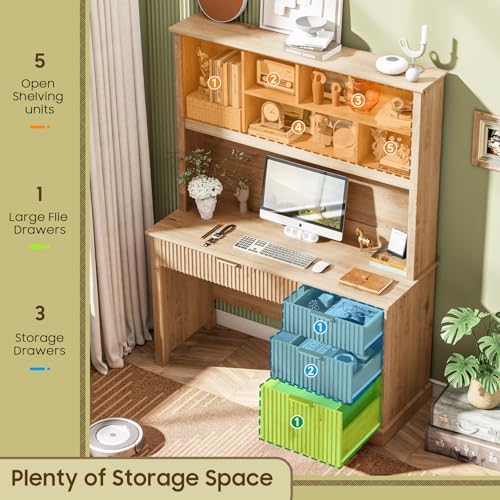 Vabches Fluted Executive Desk with Drawers, Wood Computer Desk with Ample File Drawer, Home Office Desk with Hutch for Study, Bedroom, Living Room, Oak - Image 4