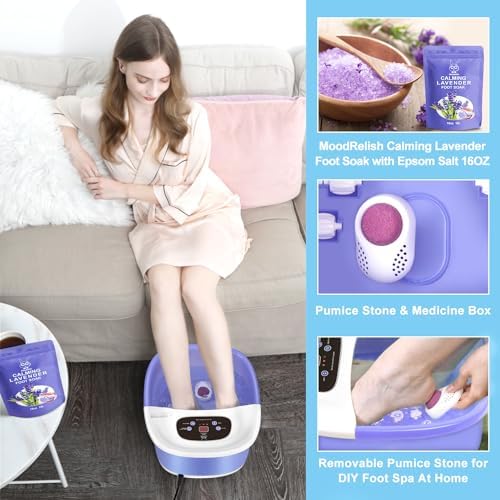 Foot Spa Bath Massager with Heat Bubbles and Vibration Massage and Jets, 16 OZ Calming Lavender Foot Soak with Epsom Salt, Foot Soaker with Red Light, 22 Massage Rollers, Adjustable Temp - Purple - Image 3