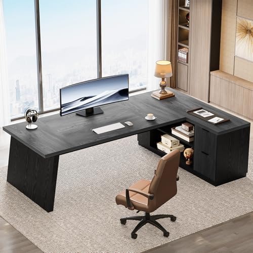 Tribesigns 78" L Shaped Desk with Drawers, Lage Office Desk with Storage Shelves, Modern Corner Computer Desk for Home Office (Gray and Black) - Image 4