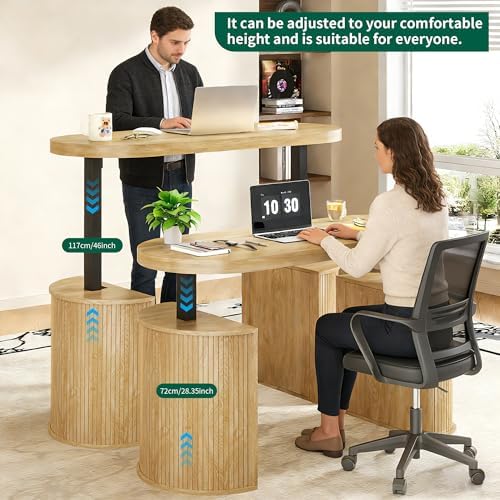 Mid Century Modern Electric Standing Desk with Storage, 55 x 22 Inch Small Sit Stand Up Desk, Wood Adjustable Height Computer Executive Desk for Home Office, Laptop, Oak - Image 4