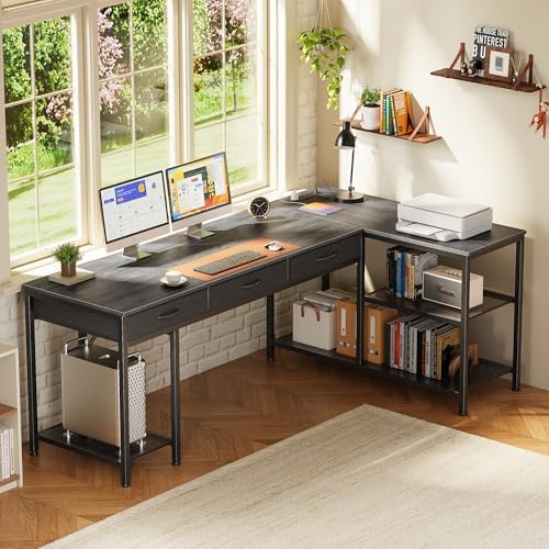 PRAISUN 63 Inch L Shaped Office Desk with Power Outlets and Type-C Port, Large Computer Gaming Desk with 3 Fabric Drawers, Mesh Shelves, Corner Study Work Writing Desk, Grey - Image 2
