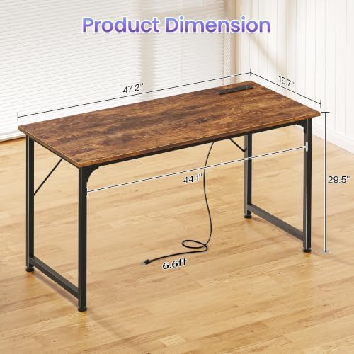PRAISUN 47 X 20 Inch Computer Desk, Power Outlets, USB-C, Rustic Brown - Image 3