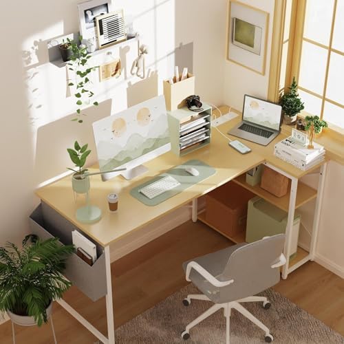 TIQLAB L Shaped Computer Desk with Power Outlets, 55 Inch Small Corner Desk with Reversible Shelves, Gaming Desk Computer Table Study Writing Desk for Home Office Small Space, Beige - Image 2