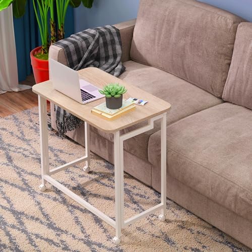 4NM 23.6" Mobile Small Rolling Computer Desk, Folding Laptop Cart Table with Wheels, Portable Office Desk for Small Space Couch Bed - Natural and White - Image 5