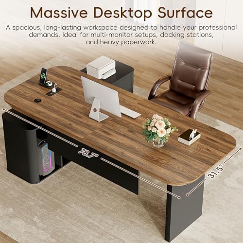 Squireewo 78.7" L Shaped Executive Desk with Drawers, Large Office Desk w/Power Outlets, Storage Cabinet & File Drawers, 1.8" Thick Tabletop, Modern Business Furniture for Home Office, Black & Walnut - Image 3