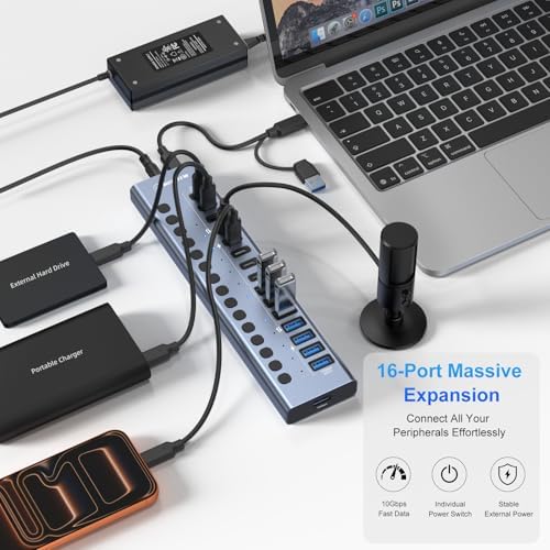 Powered USB 3.2 Hub, 16 Port USB Hub with 10Gbps Data Speed, 8 USB-A & 8 USB-C Ports, 96W Power Adapter for PC, Laptop, Printer, Camera - Image 5