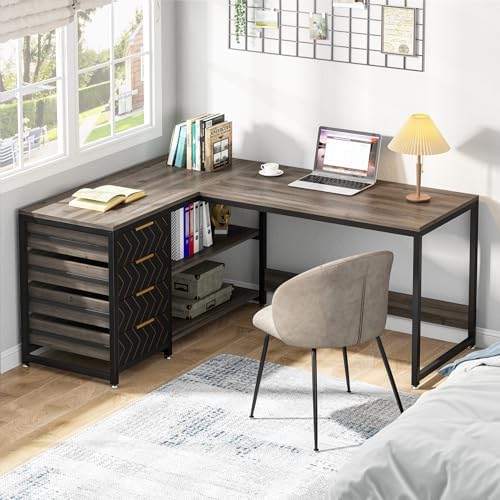 Tribesigns L Shaped Computer Desk with Storage Drawers, 59 inch Corner Desk with Shelves, Reversible L-Shaped Office Desk Writing Table Workstation for Home Office, Grey - Image 5