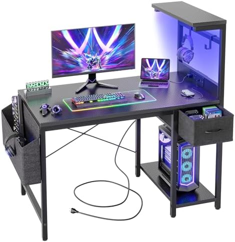 TIQLAB Gaming Desk 40 inch with Power Outlet and LED Light, Computer Desk with Reversible Shelves and Storage Drawer, Small PC Desk for Home Office Table with Bag, Carbon Fiber Black by TIQLAB