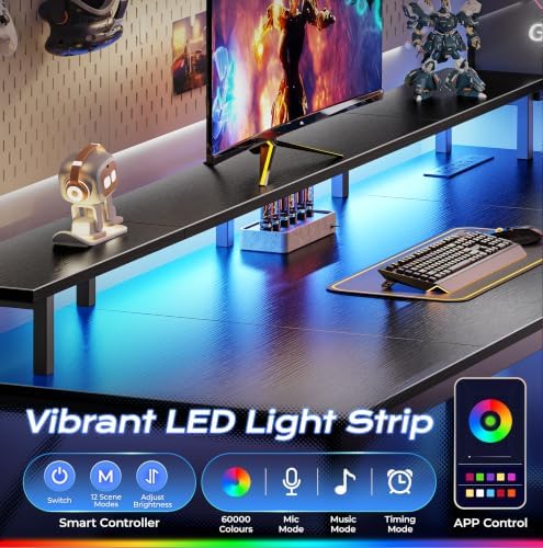 PRAISUN 63 inch Gaming Desk, LED & Power Outlets, Monitor Stand, Black - Image 6
