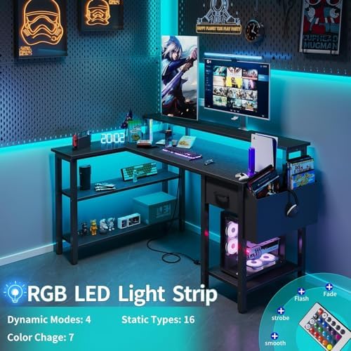 Lufeiya L Shaped Gaming Desk with Storage Shelves, 47 inch Home Office Desk with Monitor Stand, Computer Desk with LED Lights,Power Outlets and Fabric Drawers, Black - Image 4