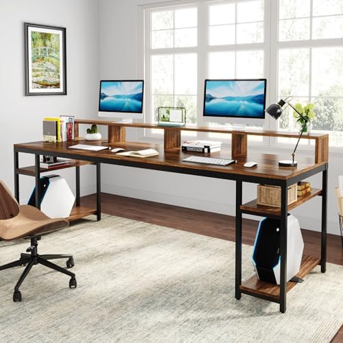 Tribesigns Two Person Desk with Monitor Stand, 78.74" Long Double Computer Office Desk with Storage Shelves, Large Gaming Study Writing Table Workstation for Home Office (Rustic Brown) - Image 5