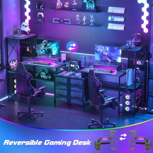 Small Gaming Desk with 2 Fabric Drawers - Reversible Computer Desk with Power Outlet & LED Lights, 49" Office Desk with Monitor Stand & Storage Shelves, Writing Study Table with Pegboard, Grey Oak - Image 3