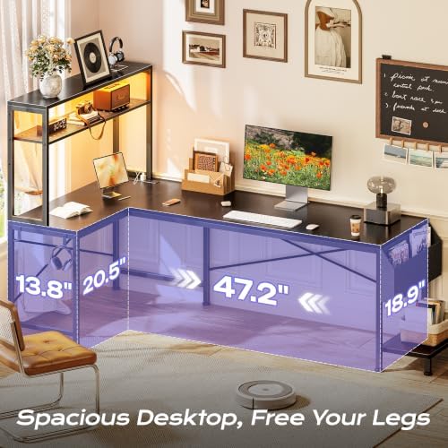 PRAISUN L Shaped Gaming Desk with LED Lights & Power Outlets - Image 5