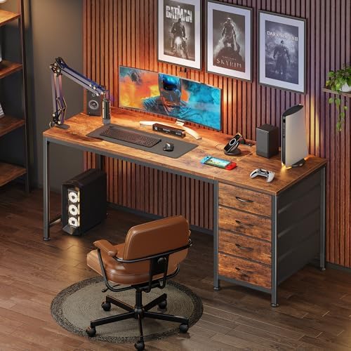 PRAISUN 55.1 Inch Computer Office Desk with Power Outelts and USB-C Port, Reversible Gaming Desk with 4 Fabric Drawers, Work Study Desk Work from Home, Rustic Brown - Image 7