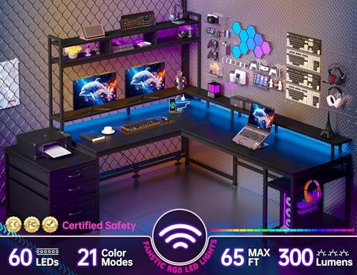 EnHomee 64x59 Inch Two Person L Shaped Gaming Desk with Shelf & LED Lights - Image 4