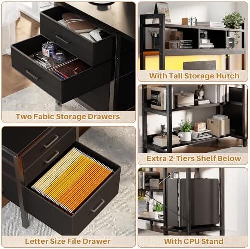 Aheaplus L Shaped Desk with Hutch, Gaming Desk with Led Lights, Reversible Computer Desk with Power Outlet, Corner Desk with File Drawer & Monitor Stand, Storage Shelves for Home Office, Black - Image 5