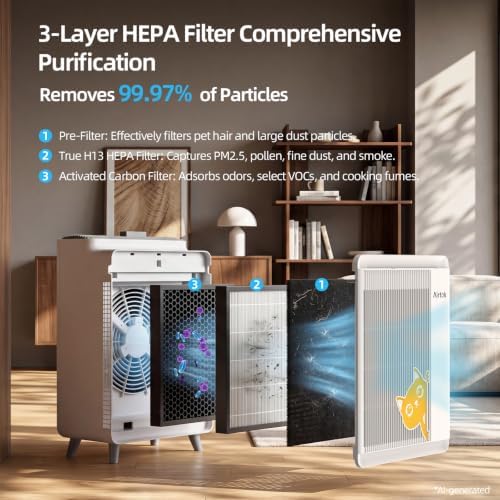 AIRTOK Air Purifier for Home Large Room Up to 2240 Ft² in 1 Hr, HEPA with Washable Pre-Filter, AQI Display, AUTO Mode & Sleep Mode, For Pets, Dust, Pollen (AP2802) - Image 3