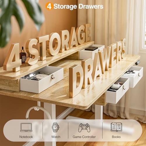 Grandder Electric Standing Desk with Four Drawers, Sit to Stand Up Height Adjustable Desk with Storage Shelf for Home Office, 47 * 28 Inch, Study, Ergonomic Adjustable Computer Desk, Oak - Image 4