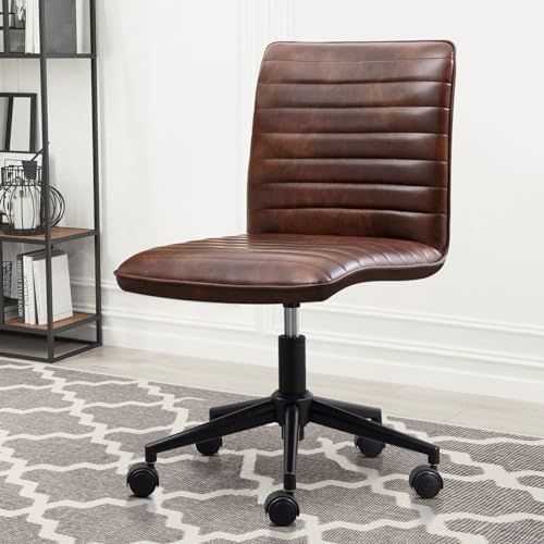 Furniliving Leather Home Office Chair, Armless Vanity Desk Task Chair with Wheels 360° Swivel Computer Rolling Desk Chair with Back, Adjustable Accent Chair with Base Stool by FurnilivingFurnitureforHome