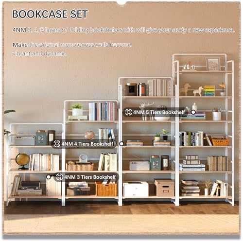 4NM No Assembly 6 Tier Folding Bookshelf Tall Storage Shelves Vintage Bookcase Standing Racks Study Organizer Home Office - Image 5