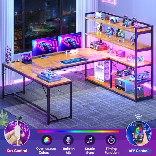 SEDETA L Shaped Desk with Storage Shelves, 63” Reversible U Shaped Office Desk, Gaming Desk with Power Outlet and LED Lights for Home Office, Rustic Brown - Image 6
