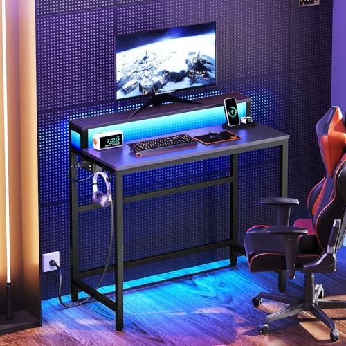 YATINEY Small Computer Desk with Charging Station and LED Lights, Gaming Desk with Monitor Stand, 2-Tier Home Office Desk with 4 Side Hooks, for Living Room, Home Office, Black DN01UDBBY2 - Image 2