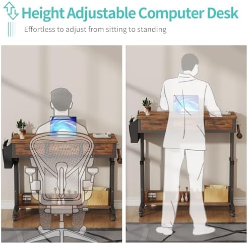 WINAZ Rolling Standing Desk Adjustable Height with Drawers on Wheels, 40 Inch Portable Mobile Stand Up Computer Desks for Bedroom Home Office, Couch Sofa Side Laptop Table with Storage, Rustic Brown - Image 6