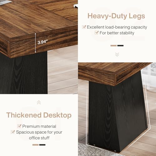 Tribesigns 55-Inch Executive Desk, Large Wood Office Computer Desk with Double Pedestal, Modern Minimalist Workstations Writing Table Conference Table Furniture for Home Office, Walnut&Black - Image 4